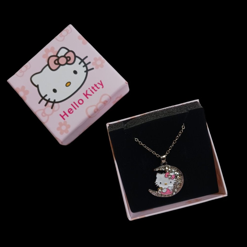 Hello Kitty Enamel Rhinestone Crystal Crescent Moon Necklace